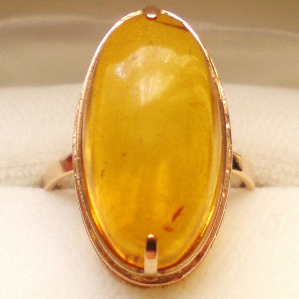 Vintage Russian Russia 14K 583 Rose Pink Gold Baltic Honey Amber Cocktail RING